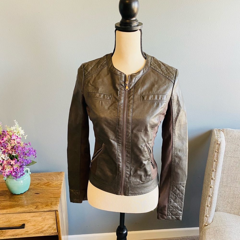 Grey Faux leather jacket.